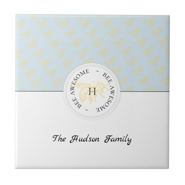 Bee Awesome Golden Bee Personalized Monogram Ceramic Tile (Front)
