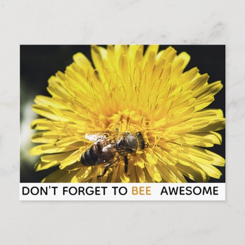 Bee awesome inspirational bee on yellow dandelion postcard