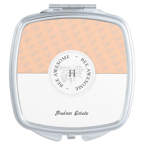 Bee Awesome Silver Bee Peach Personalized Monogram Compact Mirror