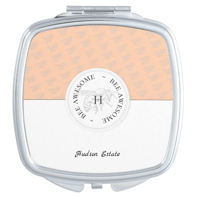 Bee Awesome Silver Bee Peach Personalized Monogram Compact Mirror (Front)