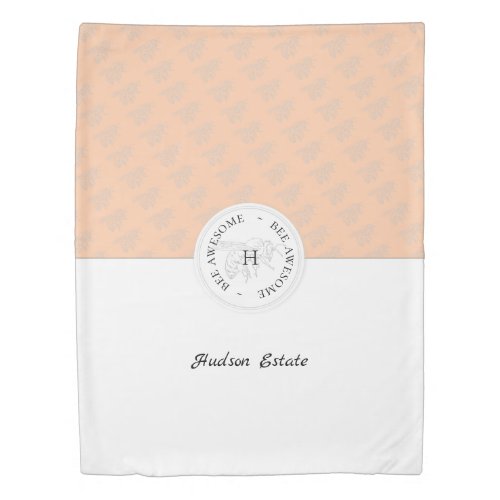 Bee Awesome Silver Bee Peach Personalized Monogram Duvet Cover