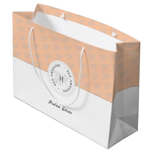 Bee Awesome Silver Bee Peach Personalized Monogram Large Gift Bag