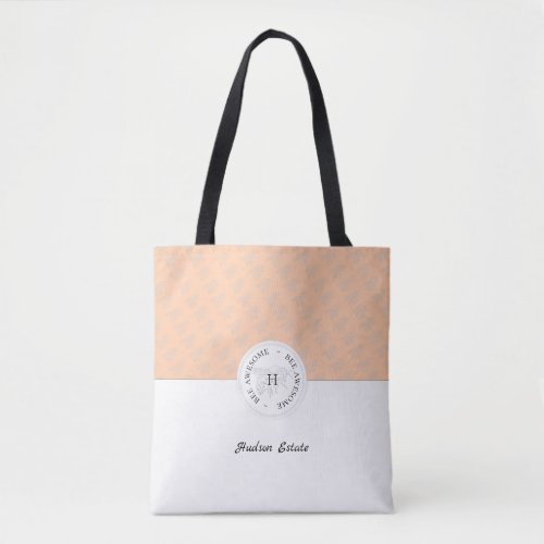Bee Awesome Silver Bee Peach Personalized Monogram Tote Bag