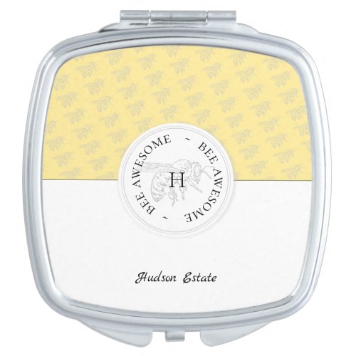 Bee Awesome Silver Honey Bee Personalized Monogram Compact Mirror