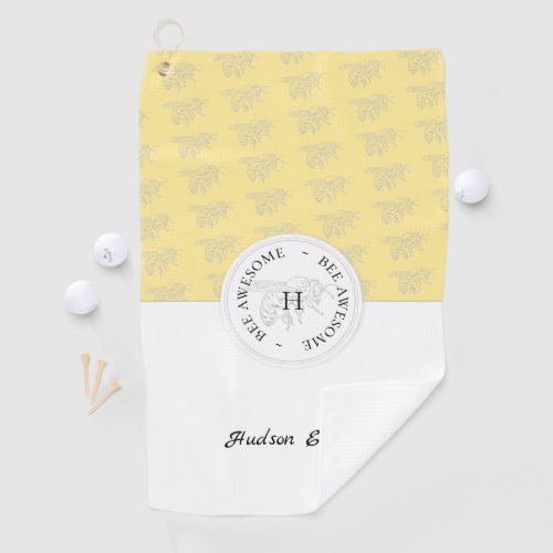 Bee Awesome Silver Honey Bee Personalized Monogram Golf Towel