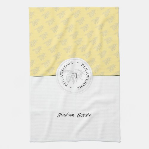 Bee Awesome Silver Honey Bee Personalized Monogram Kitchen Towel