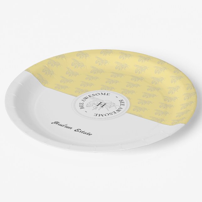 Bee Awesome Silver Honey Bee Personalized Monogram Paper Plates (Angled)