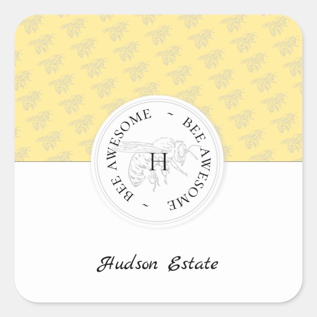 Bee Awesome Silver Honey Bee Personalized Monogram Square Sticker (Front)
