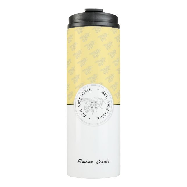 Bee Awesome Silver Honey Bee Personalized Monogram Thermal Tumbler (Front)