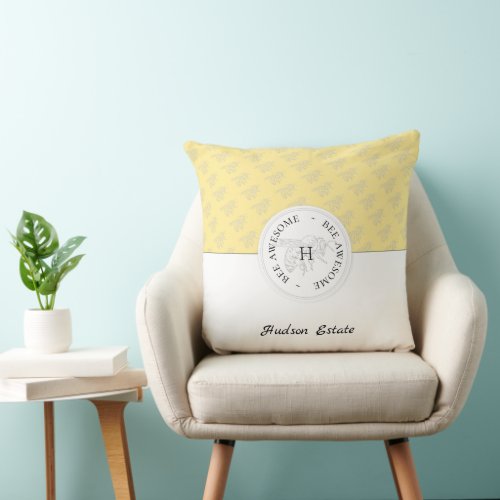 Bee Awesome Silver Honey Bee Personalized Monogram Throw Pillow