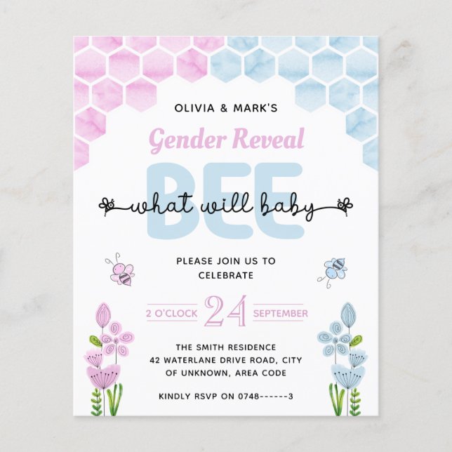 Bee baby gender reveal party invitation (Front)
