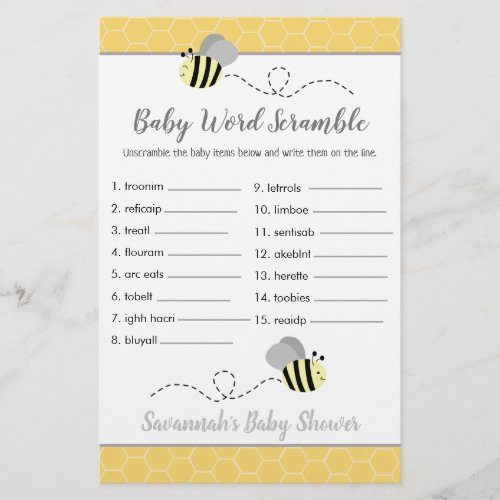 Bee Baby Shower Baby Word Scramble Game