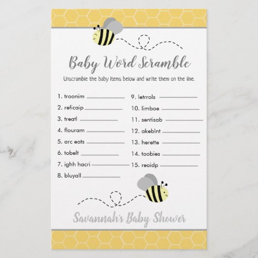 Bee Baby Shower Baby Word Scramble Game (Front)