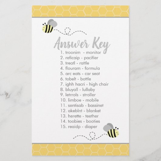 Bee Baby Shower Baby Word Scramble Game (Back)
