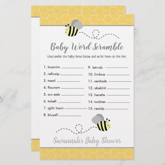 Bee Baby Shower Baby Word Scramble Game (Front/Back)