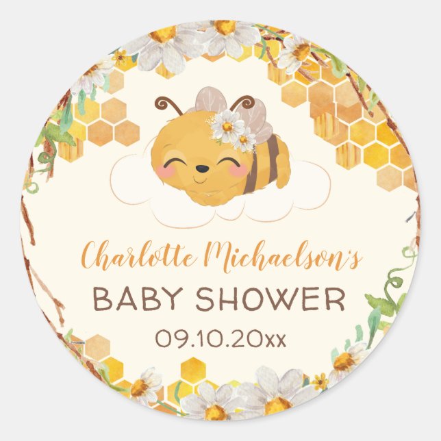 Bee Baby Shower Floral Honeycomb Classic Round Sti Sticker (Front)