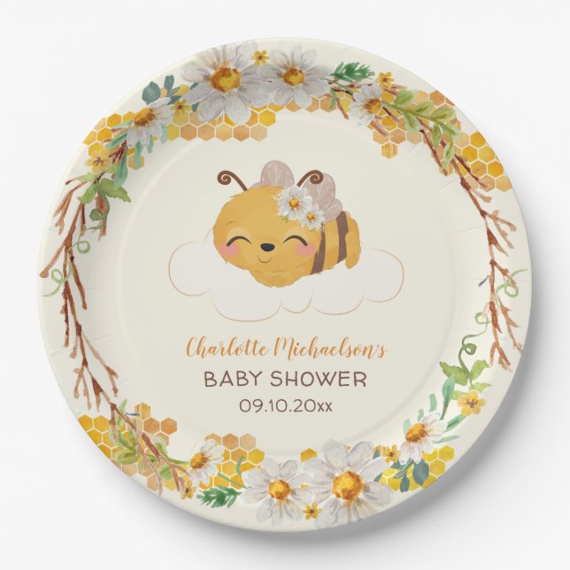 Bee Baby Shower Floral Honeycomb Paper Plates (Front)