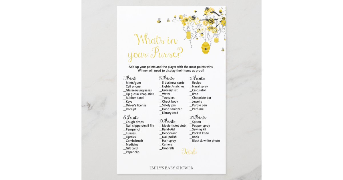 Bee Baby Shower Game What S In Your Purse Zazzle Com