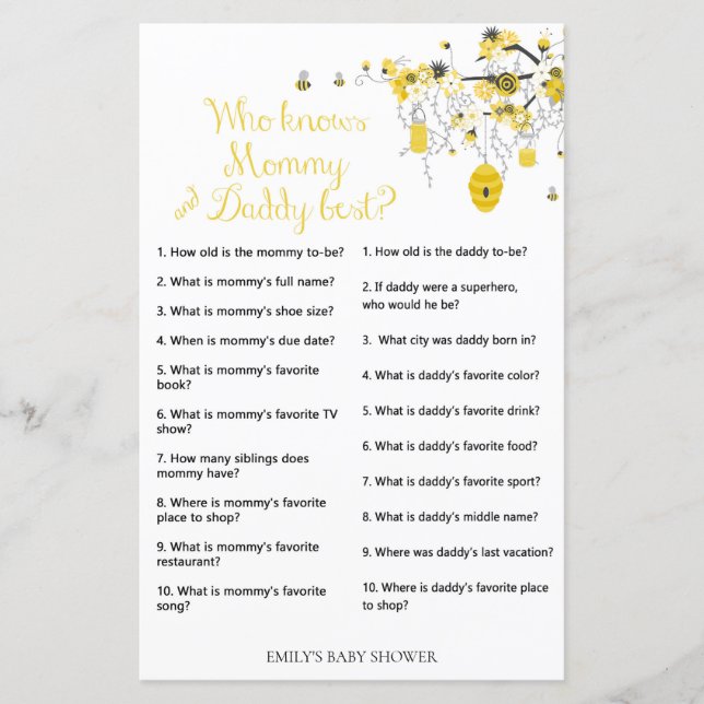 Bee Baby Shower Game - Who knows dad & Mom (Front)