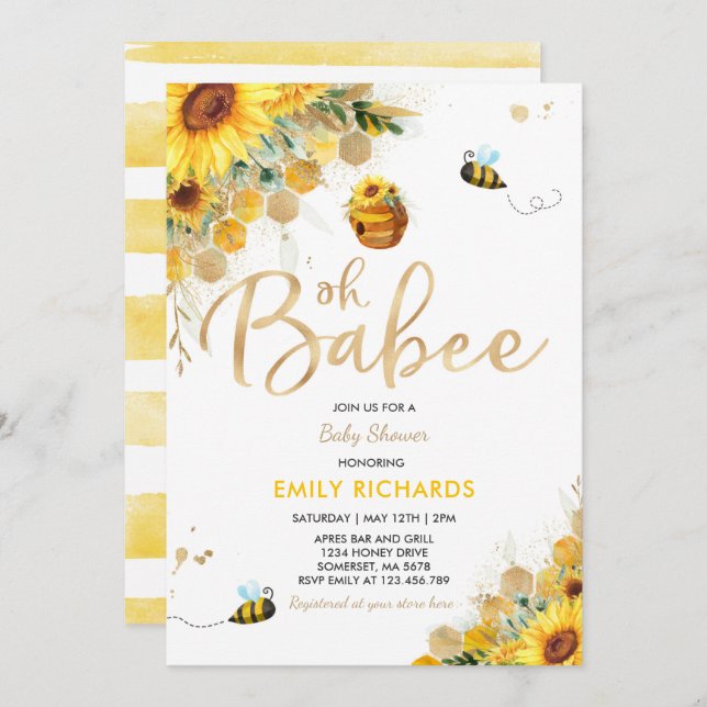 Bee Baby Shower Gender Neutral Floral Babee Shower Invitation (Front/Back)