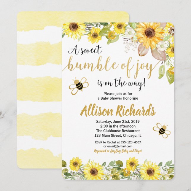 Bee baby shower gender neutral yellow bumblebee invitation (Front/Back)