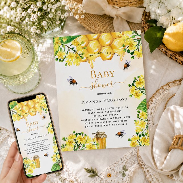 Bee Baby shower gold yellow florals cute  Invitation (Creator Uploaded)
