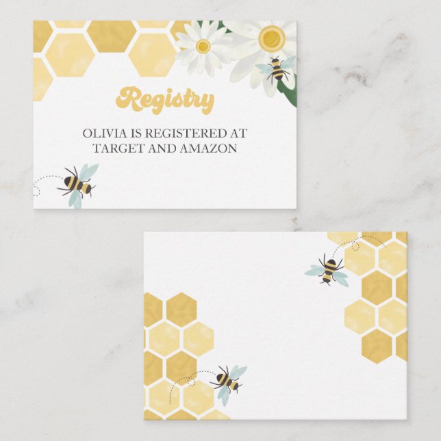 Bee Baby Shower honeycomb daisies gift registry Enclosure Card (Front/Back)