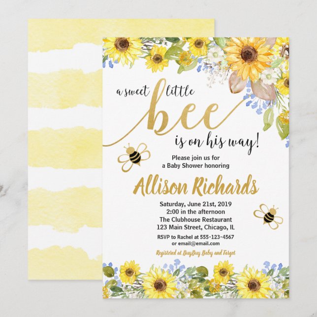 Bee baby shower invitation boy yellow bumblebee (Front/Back)