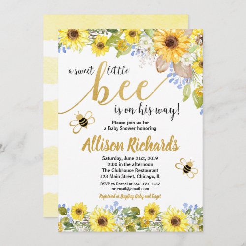 Bee baby shower invitation boy yellow bumblebee