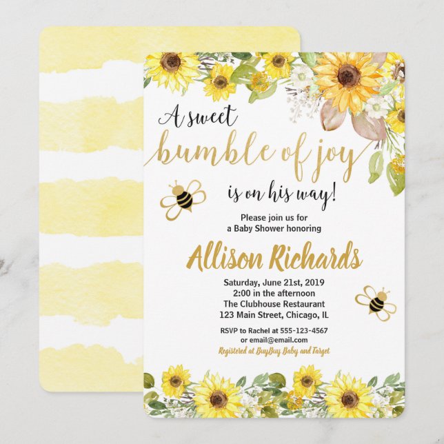 Bee baby shower invitation boy yellow bumblebee (Front/Back)