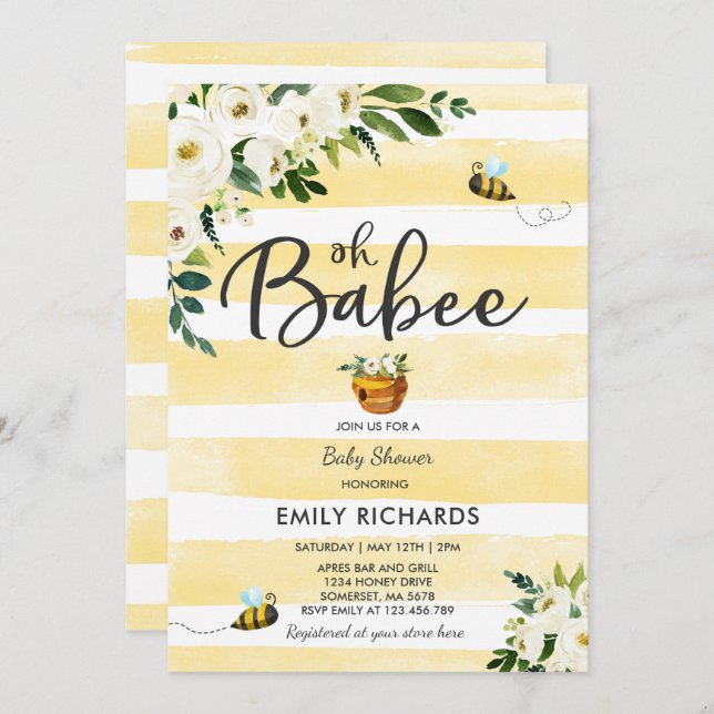 Bee Baby Shower Invitation Floral Babee Shower (Front/Back)