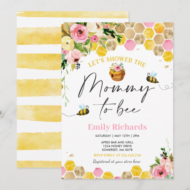 Bee Baby Shower Invitation Floral Mommy To Bee (Front/Back)