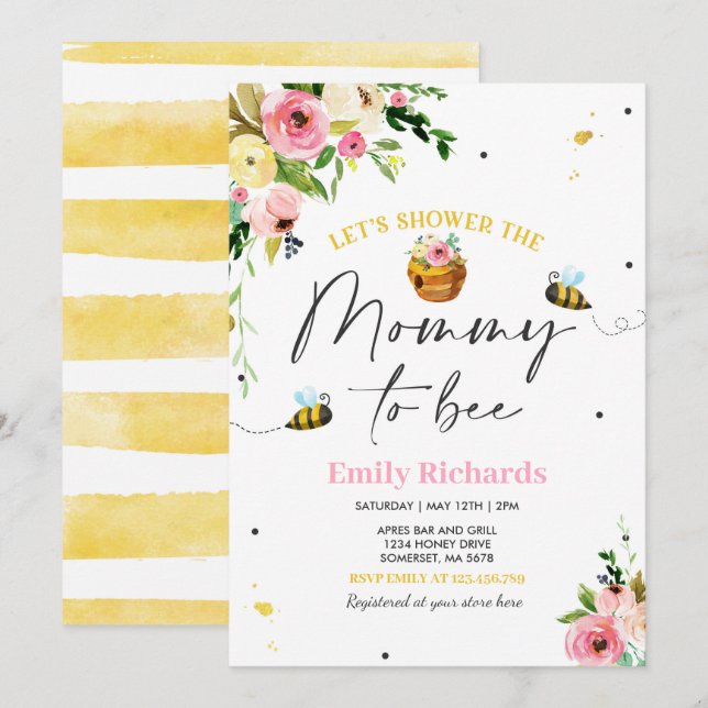 Bee Baby Shower Invitation Floral Mommy To Bee (Front/Back)