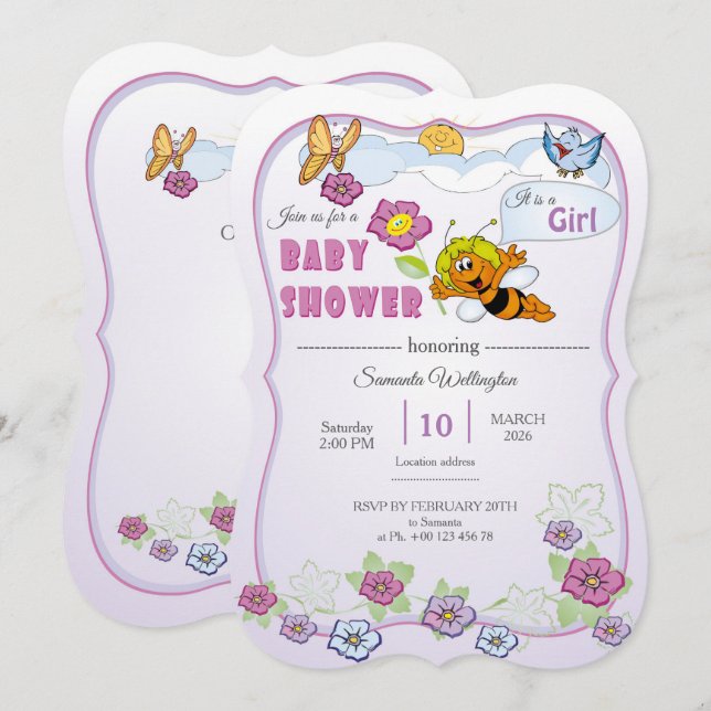 Bee Baby Shower Invitation for Girl  (Front/Back)