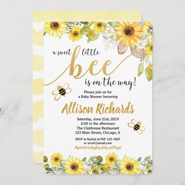 Bee baby shower invitation girl yellow bumblebee (Front/Back)