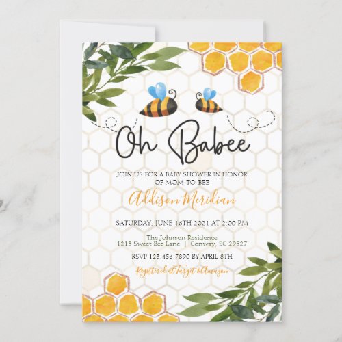 Bee Baby Shower Invitation Oh Honey Babee Neutral Invitation