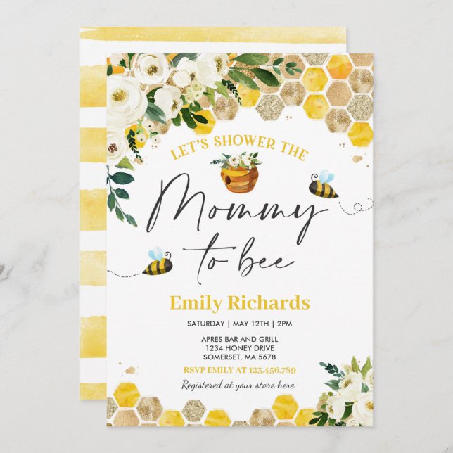 Bee Baby Shower Invitation Yellow Mommy To Bee (Front/Back)