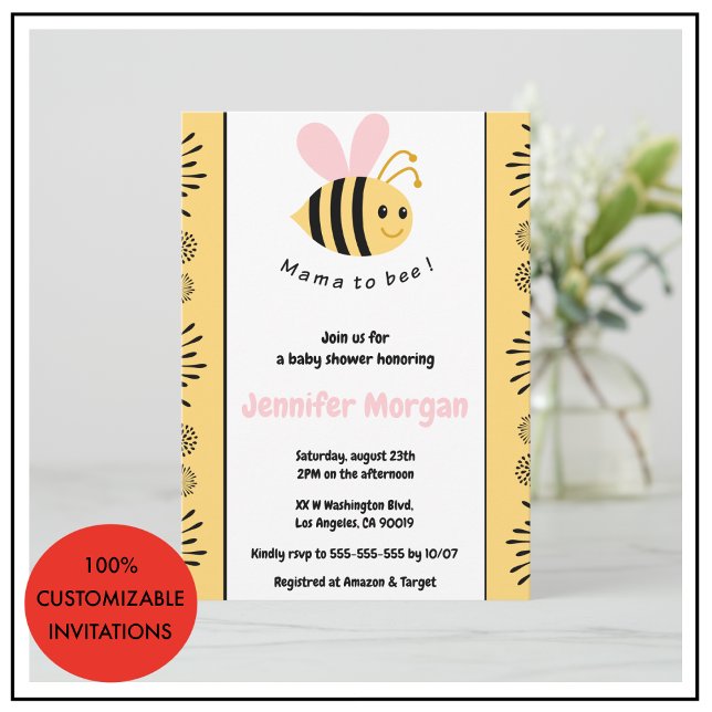 Bee baby shower invitations Mommy to bee Bumblebee (Bee-baby-shower-invitations-Mommy-to-bee-Bumblebe-pink)