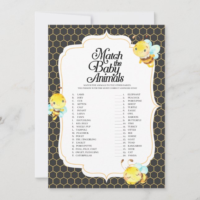Bee Baby Shower Match The Baby Animals Game Invitation (Front)