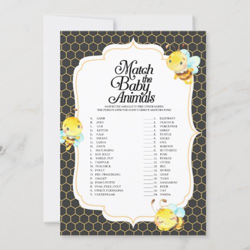 Bee Baby Shower Match The Baby Animals Game Invitation