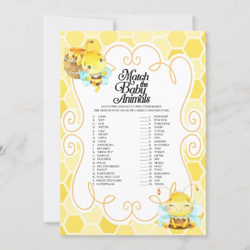 Bee Baby Shower Match The Baby Animals Game Invitation