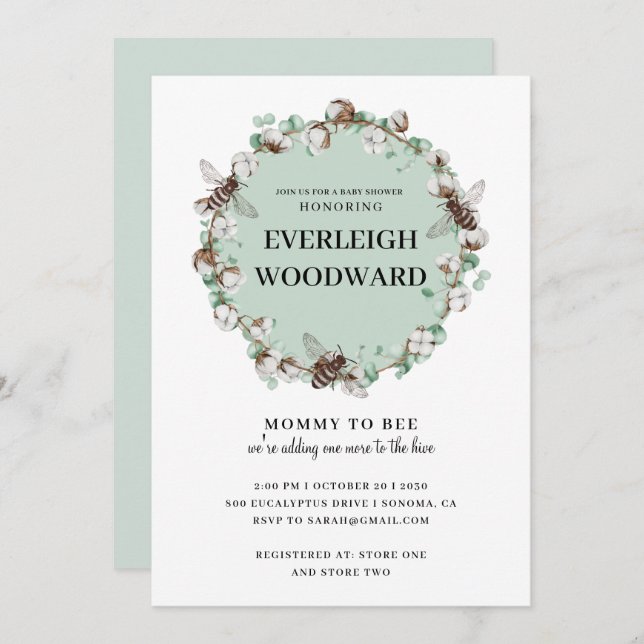 Bee Baby Shower Mint Green Invitation (Front/Back)