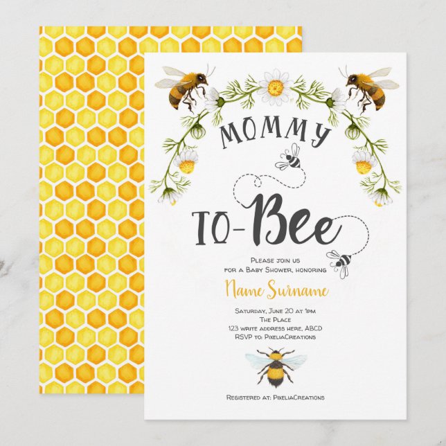 Bee Baby Shower, Mommy to-be Invitation (Front/Back)