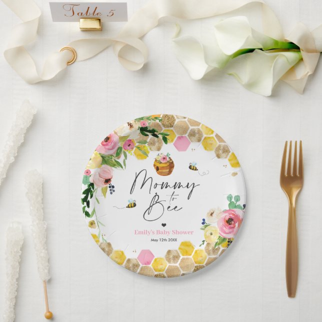 Bee Baby Shower Mommy To Bee Pink Spring Floral Paper Plates (Wedding)