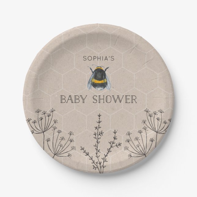 Bee Baby Shower Natural Paper Plate (Front)