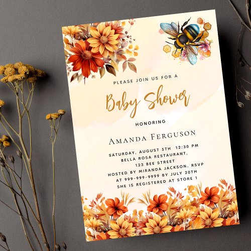 Bee Baby shower orange fall florals luxury Invitation