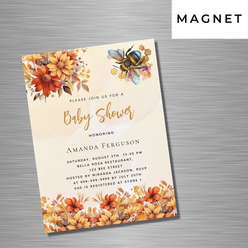 Bee Baby shower orange fall florals luxury Magnetic Invitation
