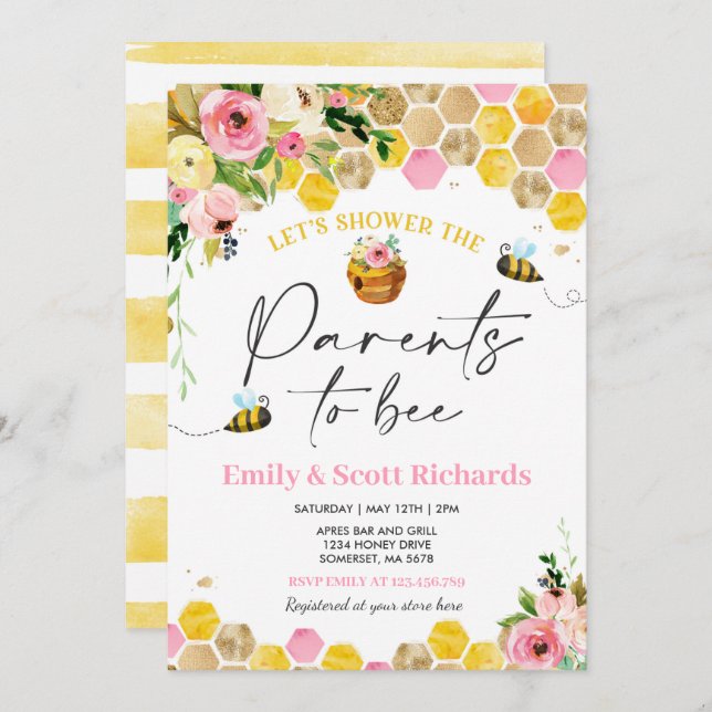 Bee Baby Shower Pink Floral Parents To Bee Baby Invitation (Front/Back)