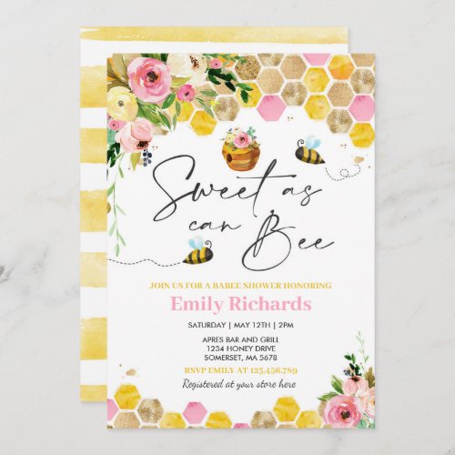 Bee Baby Shower Pink Floral Sweet As Can Bee Invitation