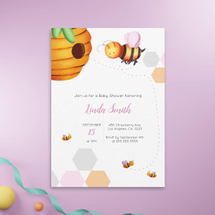 Bee Baby Shower Pink Girl Illustration Invitation